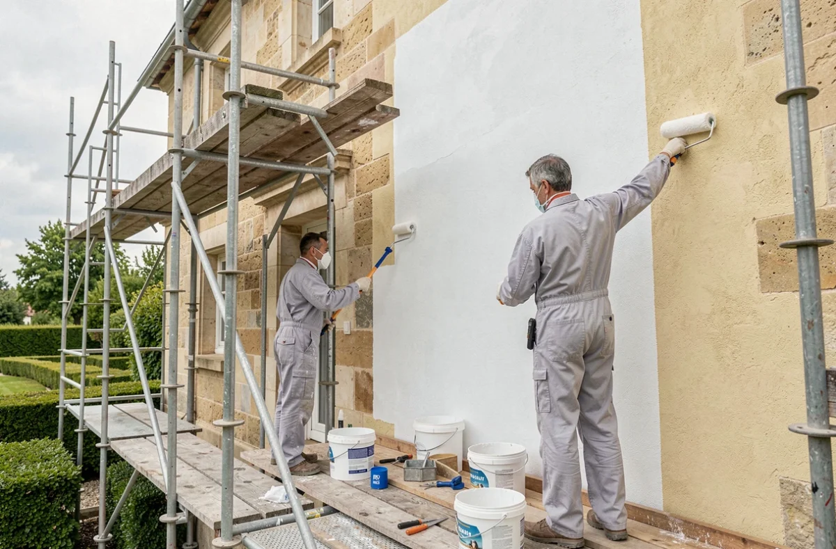 Ouvriers appliquant de la peinture blanche sur la façade d'une maison de campagne française avec échafaudage