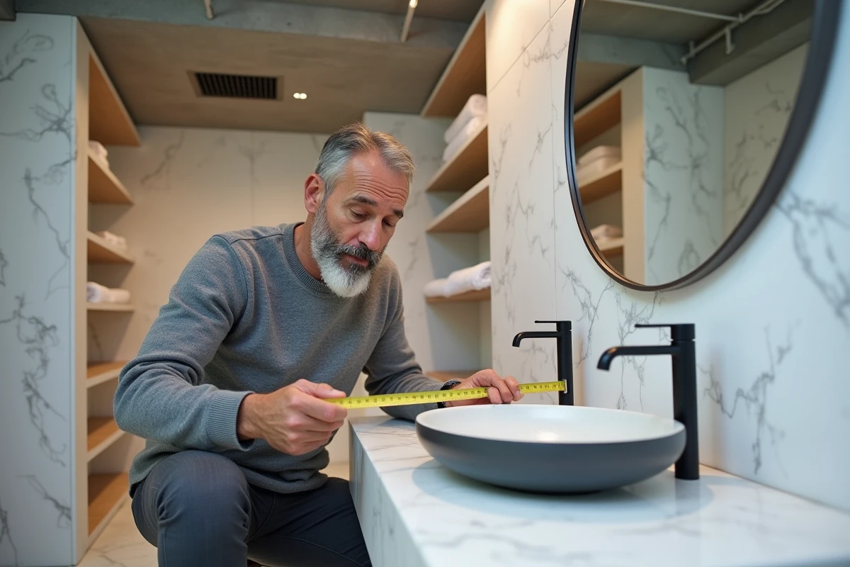 Architecte mesurant une vasque ovale sur plan de toilette en terrazzo dans une salle de bain rénovée de studio urbain