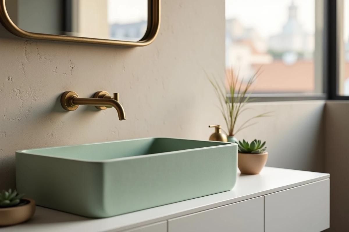 Vasque rectangulaire en pierre composite vert sauge sur étagère laquée blanche dans salle de bain minimaliste urbaine
