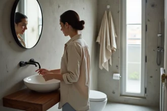 Vasque salle de bain compacte ronde en céramique blanche sur meuble suspendu en noyer dans un petit appartement parisien