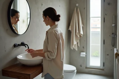 Vasque salle de bain compacte ronde en céramique blanche sur meuble suspendu en noyer dans un petit appartement parisien
