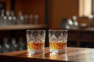 Deux verres à whisky en cristal taillé fabriqués en France posés sur une table en noyer dans un atelier de cristallerie artisanale