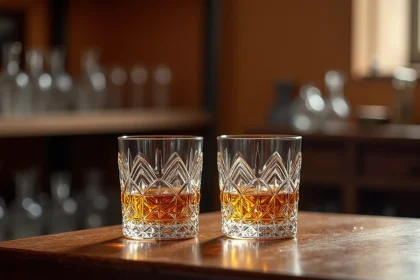 Deux verres à whisky en cristal taillé fabriqués en France posés sur une table en noyer dans un atelier de cristallerie artisanale