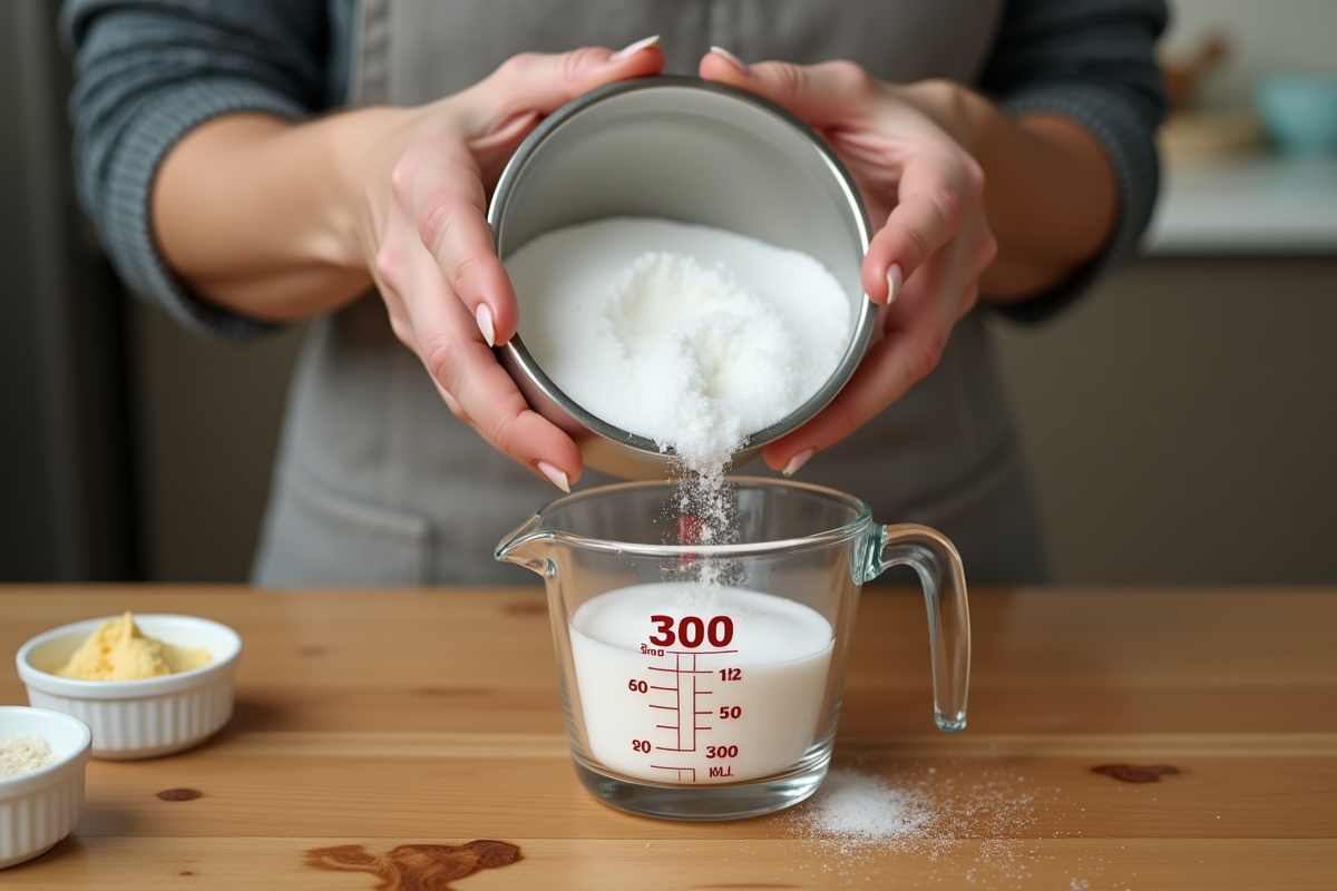 Mains versant 300 grammes de sucre dans un verre mesureur