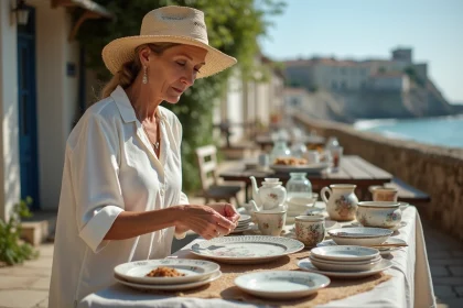Femme examinant de la vaisselle ancienne sur un vide grenier en bord de mer en Loire-Atlantique