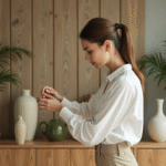 Jeune femme arrangeant accessoires dans un salon naturel