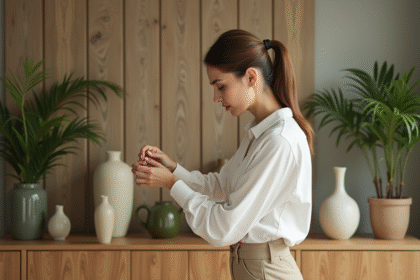 Jeune femme arrangeant accessoires dans un salon naturel