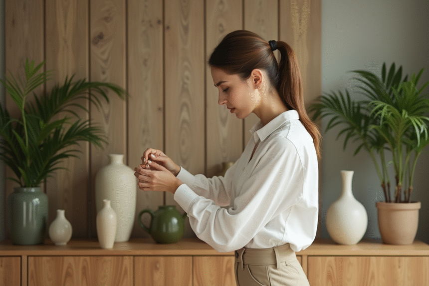 Jeune femme arrangeant accessoires dans un salon naturel