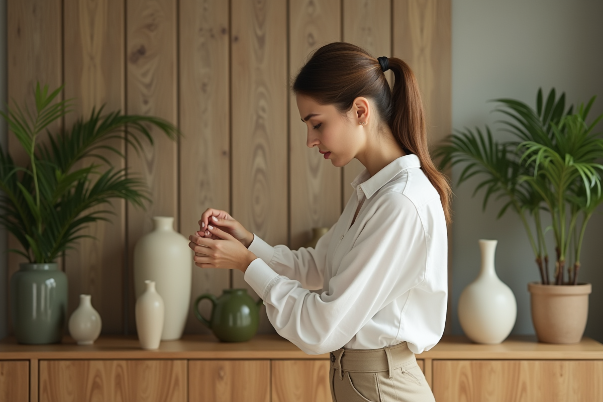 Jeune femme arrangeant accessoires dans un salon naturel