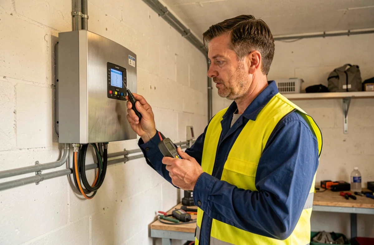 Électricien certifié d'Ypelec inspectant un onduleur solaire installé dans un garage résidentiel en Indre-et-Loire